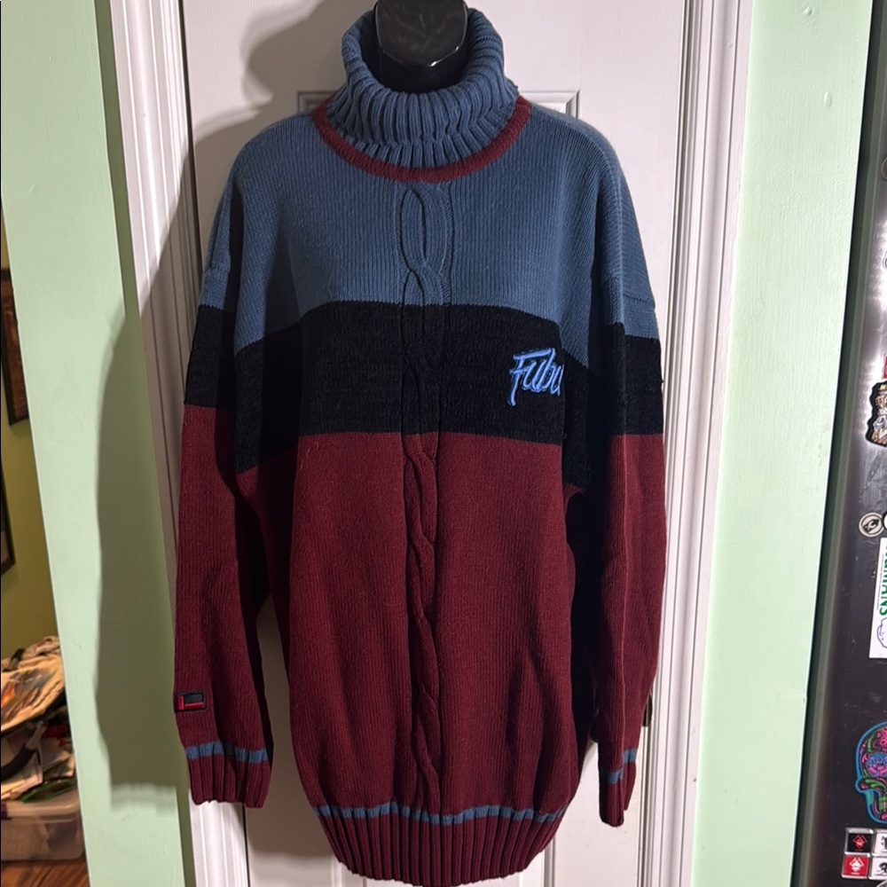Fubu Maroon&Blue 1990s Vintage Long Sleeve Turtleneck Warm Fall Sweater Size XL